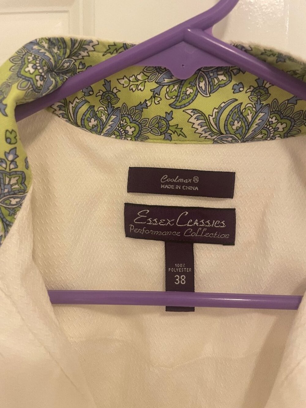Essex Classics Performance Coolmax Wrap Collar show shirt sz 38 green paisley